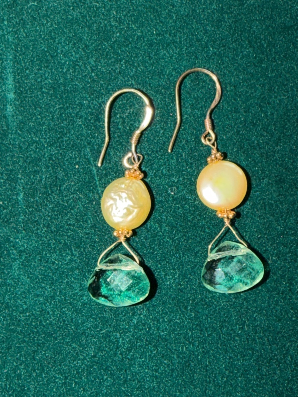 Handmade Gold & Pale Aqua Drop Earrings pale yellow coin pearls Elegant